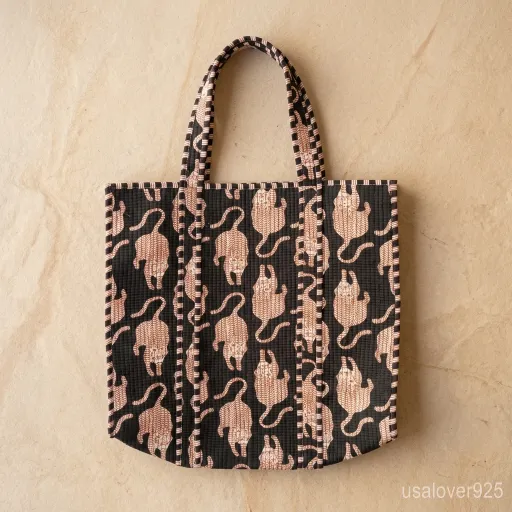 Woman walking at a beach resort carrying an oversized Animal Print Quilted Cotton Tote Bag packed with travel essentials.