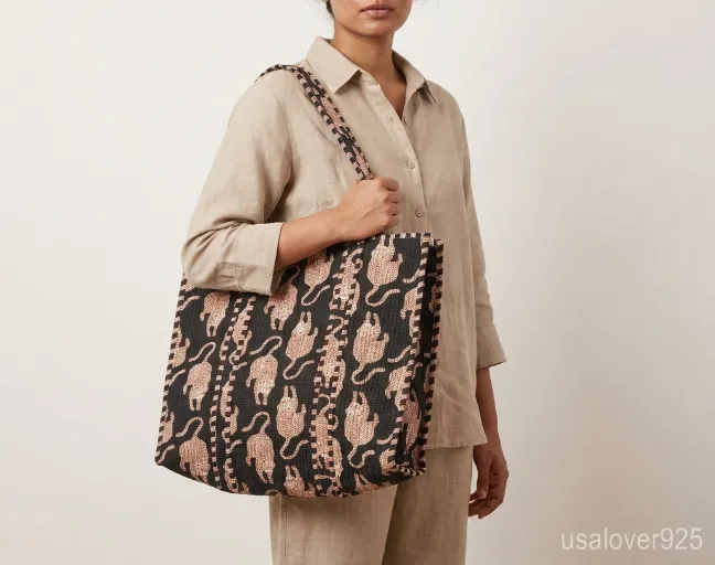 Animal Print Quilted Cotton Tote Bag with long over-the-shoulder handles featuring a trendy wildlife print pattern.
