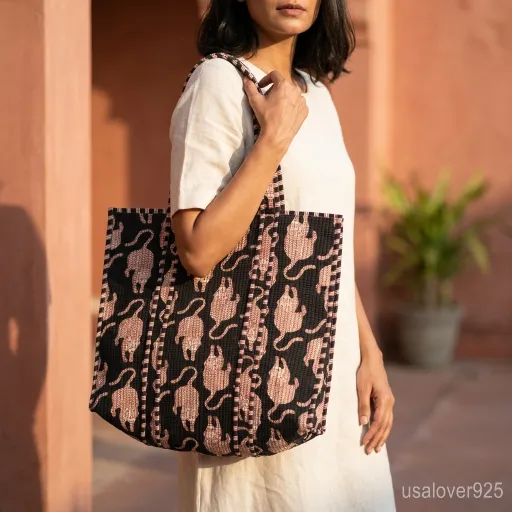 Animal Print Quilted Cotton Tote Bag with long over-the-shoulder handles featuring a trendy wildlife print pattern.