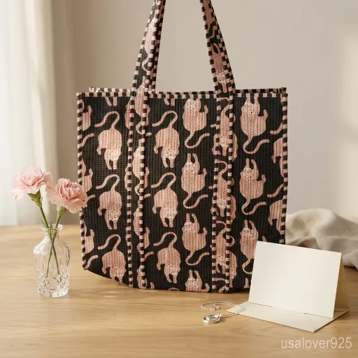 Close-up of exotic animal print motif and high-quality premium quilted stitching on an oversized cotton tote bag.
