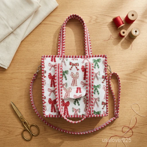 A woman wearing the Christmas Bow Carryall Bag across her body using the detachable strap, showcasing its relaxed square profile and vibrant festive accessory style at a winter gathering.