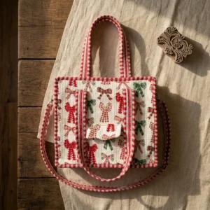 Close-up of the handcrafted red and green bow print detailing, dense quilted stitching texture lines, robust handle strap attachments, and clean exterior front pocket slot on an Indian cotton holiday purse.