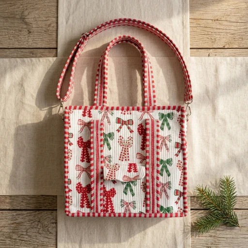 Christmas Bow Carryall Bag showing the traditional handprinted holiday design with the front pocket, dual carry handles, and adjustable crossbody strap.