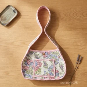 A person carrying a compact Colorful Pastel Floral Quilted Cotton Shoulder Bag crossbody while walking through an outdoor spring festival.
