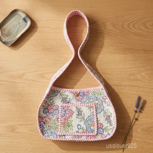A person carrying a compact Colorful Pastel Floral Quilted Cotton Shoulder Bag crossbody while walking through an outdoor spring festival.