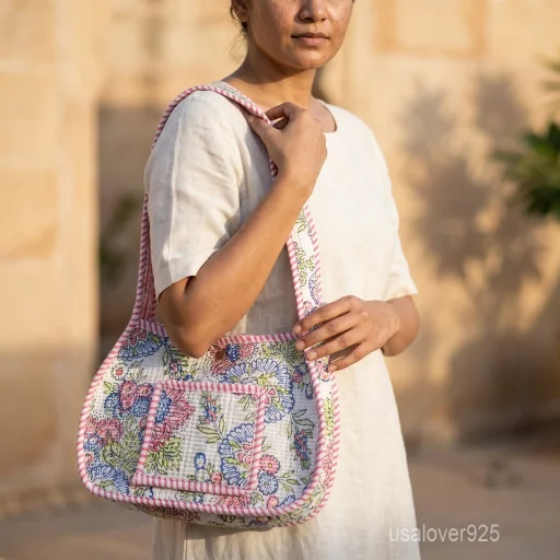 Colorful Pastel Floral Quilted Cotton Shoulder Bag with long strap showing the fresh botanical block print design.