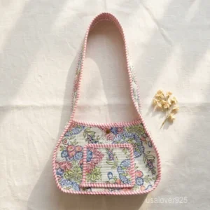 Colorful Pastel Floral Quilted Cotton Shoulder Bag with long strap showing the fresh botanical block print design.