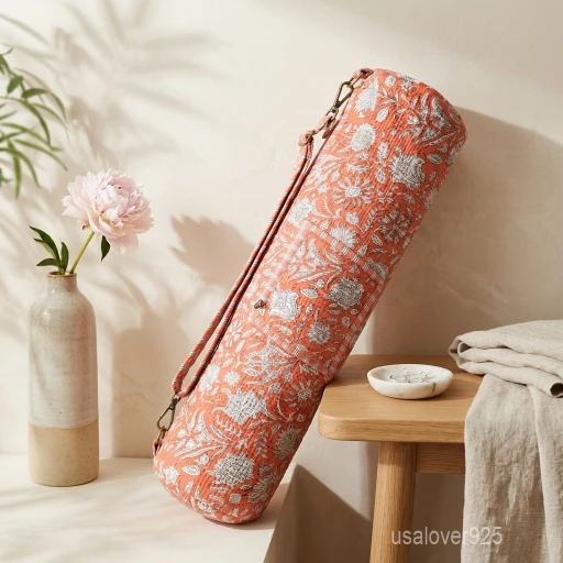 Woman walking to an outdoor workout session carrying a Coral Floral Quilted Yoga Mat Bag comfortably over her shoulder.