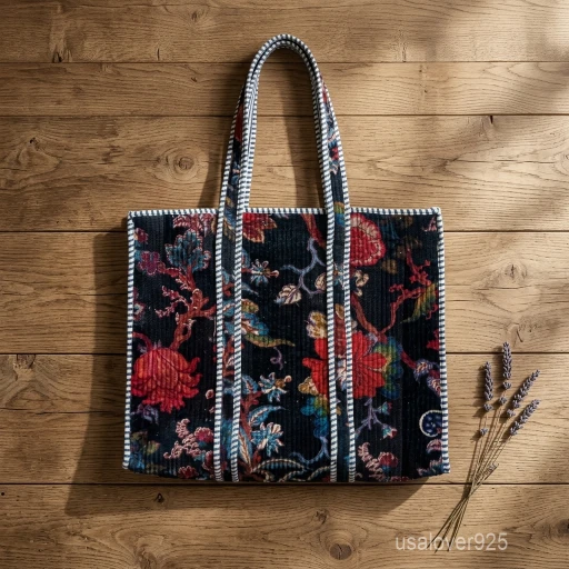 A person carrying a large Dark Vintage Floral Velvet Quilted Tote Bag comfortably over their shoulder during a casual evening outing.