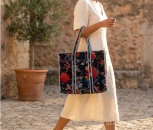 Dark Vintage Floral Velvet Quilted Tote Bag with large shoulder handles showing the moody botanical print design.
