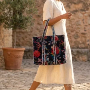 Dark Vintage Floral Velvet Quilted Tote Bag with large shoulder handles showing the moody botanical print design.