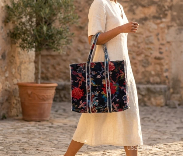 Dark Vintage Floral Velvet Quilted Tote Bag with large shoulder handles showing the moody botanical print design.