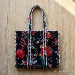 Dark Vintage Floral Velvet Quilted Tote Bag with large shoulder handles showing the moody botanical print design.