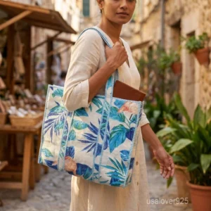 Close-up of the multicolor block print detailing, dense parallel line quilted stitching rows, supportive 6-inch bottom gusset base, and comfortable handles on an Indian cotton tote bag.
