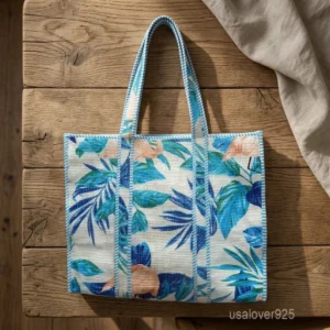 Designer Multicolor Block Print Quilted Cotton Tote Bag with large shoulder handles showing the vibrant artisan design.