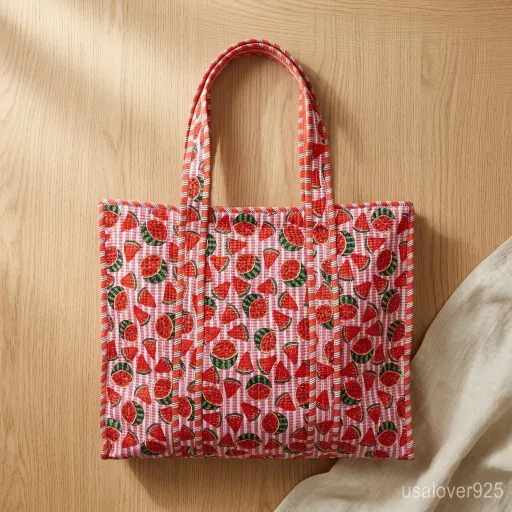 Woman walking through an outdoor market carrying an extra large Embroidered Watermelon Quilted Cotton Tote Bag packed with books and essentials.