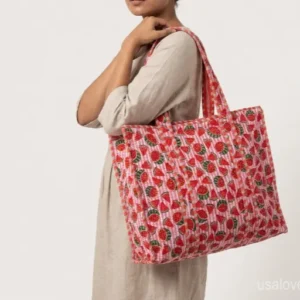 Embroidered Watermelon Quilted Cotton Tote Bag with long shoulder handles showing the detailed fruit embroidery.