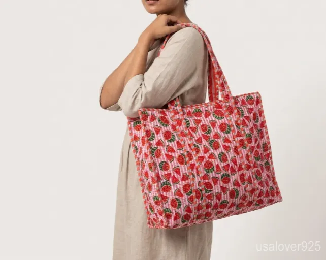 Embroidered Watermelon Quilted Cotton Tote Bag with long shoulder handles showing the detailed fruit embroidery.