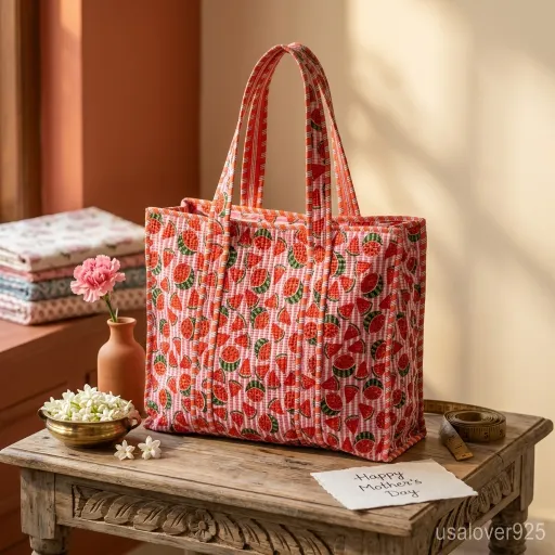 Close-up of intricate hand-embroidered watermelon details and premium quilted stitching on a reversible cotton tote bag.