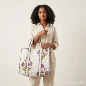 Extra Large Floral Quilted Tote with comfortable handles featuring an ethnic purple and green flower print.