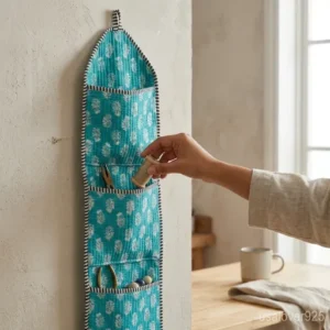 Firozi Floral Quilted Cotton Wall Organizer with 3 deep pockets hanging on a door.