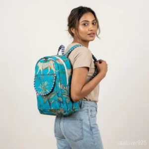 Firozi-Turquoise-Quilted-Backpack-Hand-Block-Print-Cotton-Daypack