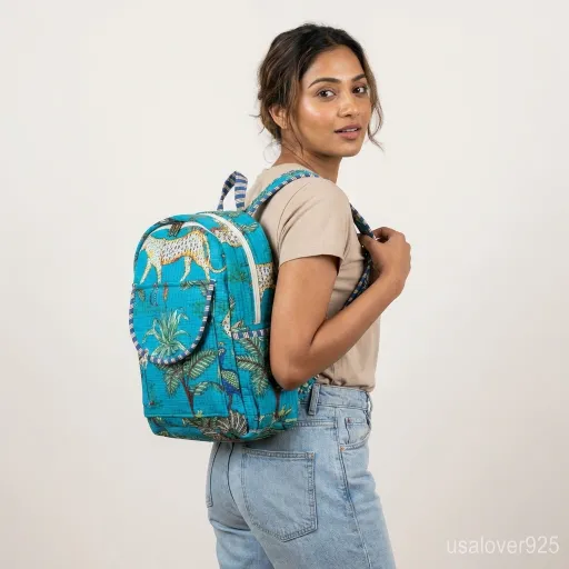 Firozi-Turquoise-Quilted-Backpack-Hand-Block-Print-Cotton-Daypack