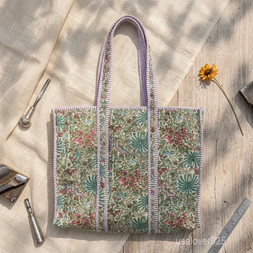 A person carrying a large Floral Block Print Quilted Cotton Tote Bag comfortably over their shoulder during a casual weekend market stroll.