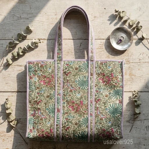Floral Block Print Quilted Cotton Tote Bag in earthy tones with large shoulder handles showing the traditional botanical design.