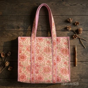 A person carrying a large Floral Block Print Quilted Indian Cotton Tote Bag comfortably over their shoulder during a casual weekend trip.