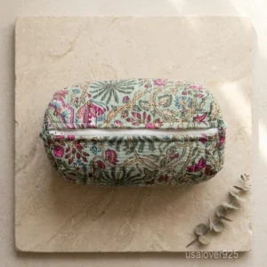 Set of 3 Floral Block Print Toiletry Bag Set nesting configuration showing the traditional block print artisan design and secure zipper fastenings with decorative tassels.