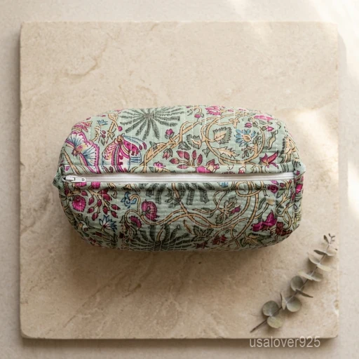 Set of 3 Floral Block Print Toiletry Bag Set nesting configuration showing the traditional block print artisan design and secure zipper fastenings with decorative tassels.