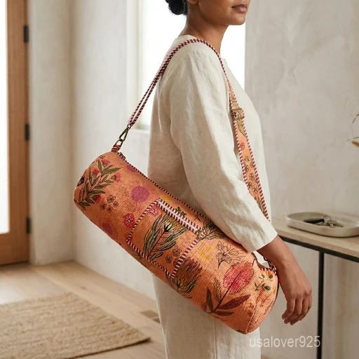 Woman walking to an outdoor workout session carrying a Floral Cotton Yoga Mat Bag comfortably as a crossbody sling.