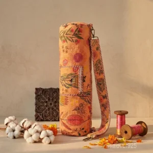 Close-up of the smooth-glide secure zipper closure, premium wide adjustable strap, and crisp floral pattern details on a cotton yoga bag.