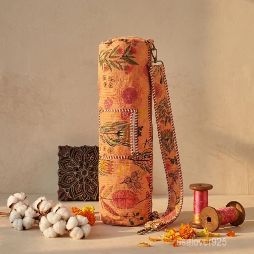 Close-up of the smooth-glide secure zipper closure, premium wide adjustable strap, and crisp floral pattern details on a cotton yoga bag.