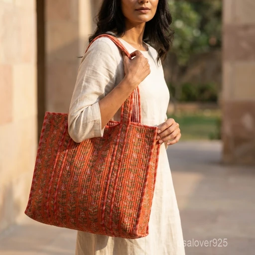 Floral Hand Block Print Quilted Indian Cotton Tote Bag with large shoulder handles showing the traditional hand block botanical pattern.
