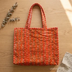 Floral Hand Block Print Quilted Indian Cotton Tote Bag with large shoulder handles showing the traditional hand block botanical pattern.