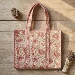 A person carrying a large Floral Handprinted Quilted Cotton Tote Bag over their shoulder during a weekend getaway trip.
