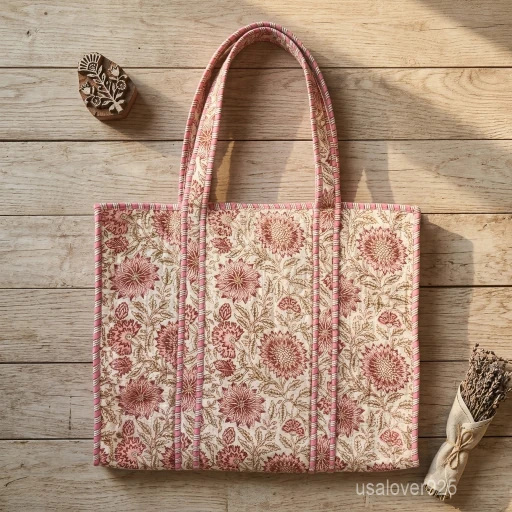 A person carrying a large Floral Handprinted Quilted Cotton Tote Bag over their shoulder during a weekend getaway trip.