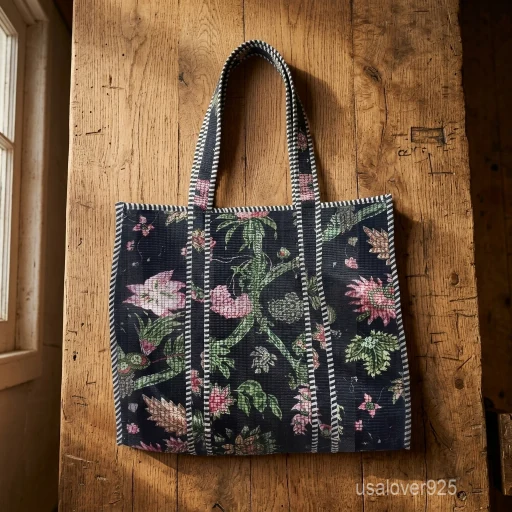 A person carrying a large Floral Print Quilted Cotton Tote Bag comfortably over their shoulder during an outdoor weekend getaway travel trip.