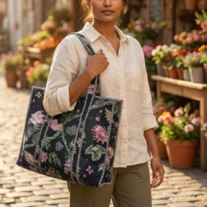 Floral Print Quilted Cotton Tote Bag with large shoulder handles showing the vibrant traditional artisan design.