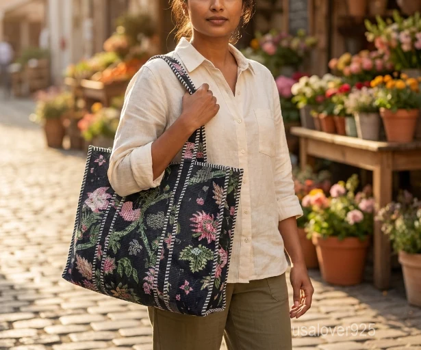 Floral Print Quilted Cotton Tote Bag with large shoulder handles showing the vibrant traditional artisan design.