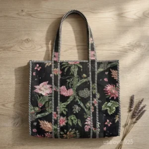 Floral Print Quilted Cotton Tote Bag with large shoulder handles showing the vibrant traditional artisan design.