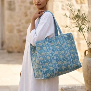 Floral Print Quilted Cotton Tote Bag with large shoulder handles showing the traditional artisan botanical design.