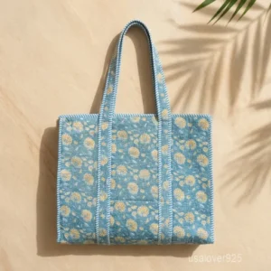 Floral Print Quilted Cotton Tote Bag with large shoulder handles showing the traditional artisan botanical design.
