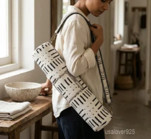 Floral Printed Quilted Cotton Yoga Mat Bag with an adjustable shoulder strap showing the vibrant botanical print.