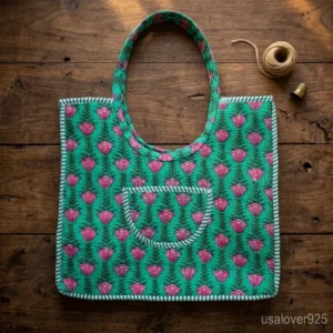 Close-up of intricate block printing and delicate quilted stitching on an Indian ethnic travel shopper.