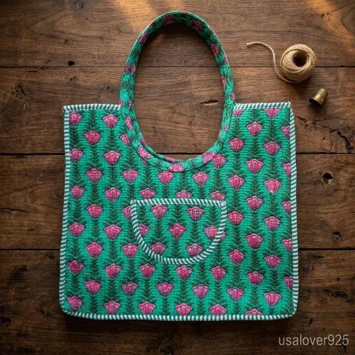 Close-up of intricate block printing and delicate quilted stitching on an Indian ethnic travel shopper.