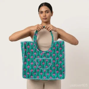 Floral Quilted Cotton Tote Bag with comfortable over-the-shoulder handles held against a natural background.
