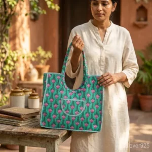 Floral Quilted Cotton Tote Bag with comfortable over-the-shoulder handles held against a natural background.